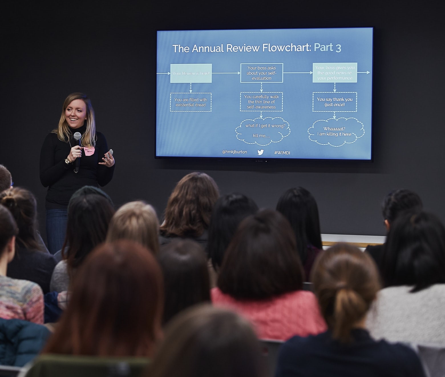 Holly gestures towards group in front of flow chart on effectively preparing for year-end performance reviews | by Vancouver photographer Angela McConnell